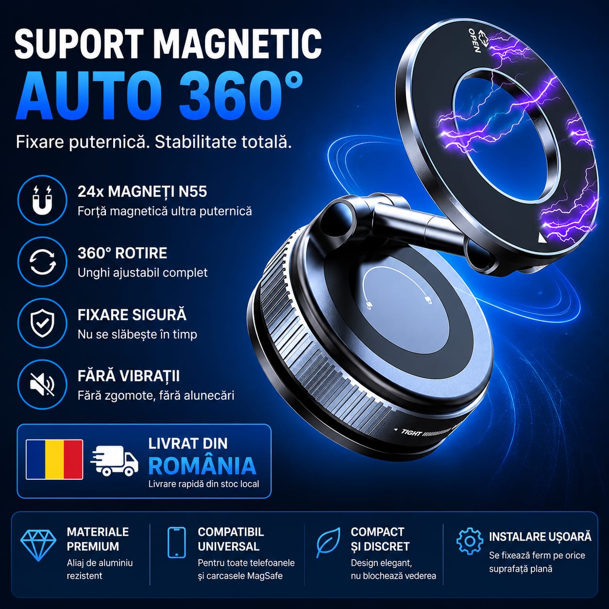 Suport Magnetic Auto 360° – Fixare Puternică pentru Telefon